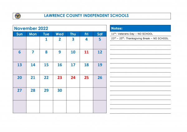 2022-23 School Calendar – Lawrence County Independent Schools