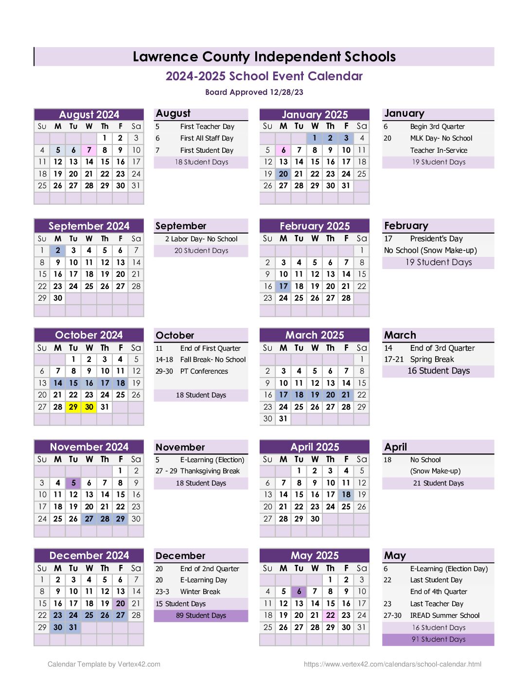 2024-2025 School Calendar – Lawrence County Independent Schools